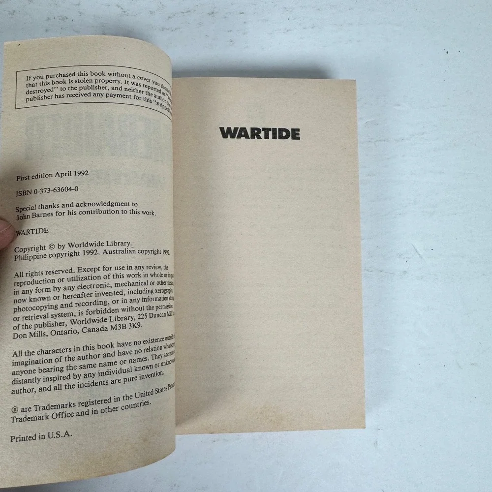 Wartide TimeRaider John Barnes 1992 First Edition Gold Eagle Sci-Fi‎